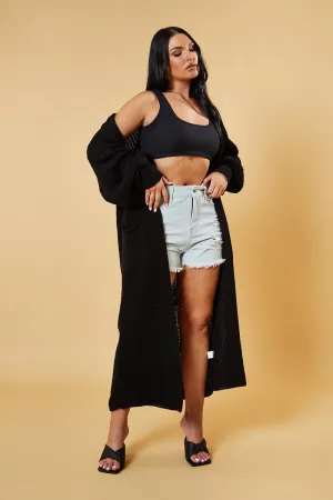 Black Longline Knit  Maxi Cardigan - Ema