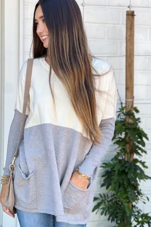 Falling In Love Two Pocket Sweater In Color Block Ivory/Heather Gray