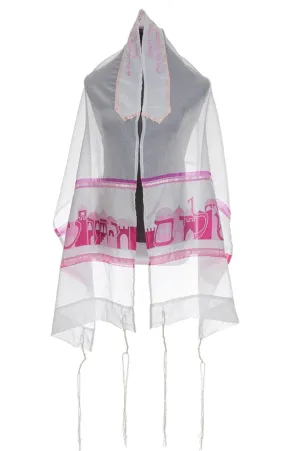 Jerusalem Name and Landscape in Pink Silk shades, Bat Mitzvah Tallit Set, Girl's Tallit, Tallit for Women