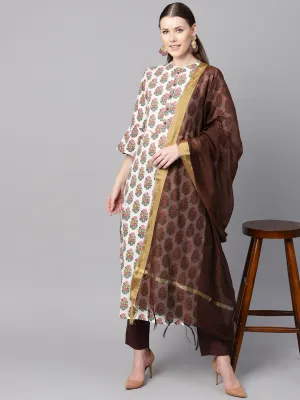 Multi Colored Straight Kurta With Solid Chocolate Brown Pants & Dupatta