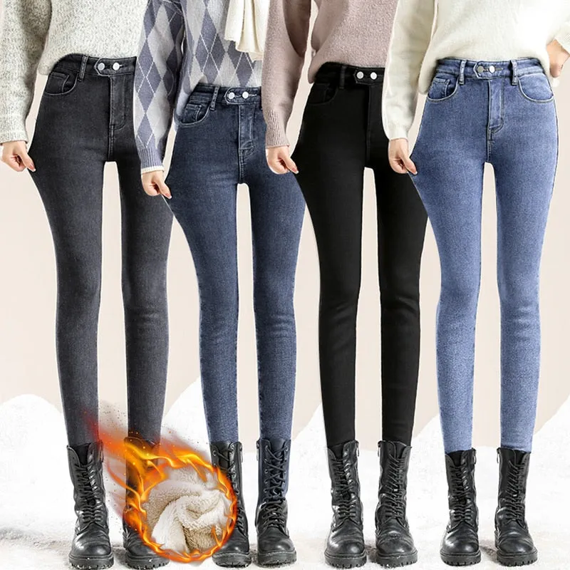 Winter Thick Velvet Women High Waist Skinny Jeans Warm Slim Fit Pants