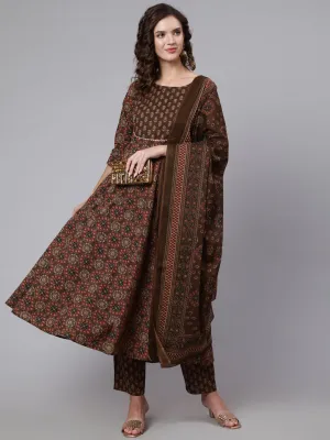 Women Brown Ethnic Motifs Yoke Design Pure Cotton Kurta With Trousers & With Dupatta