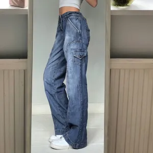 Y2k Jeans Wide Leg Pocket Patchwork Baggy Cargo Pants Oversize Denim